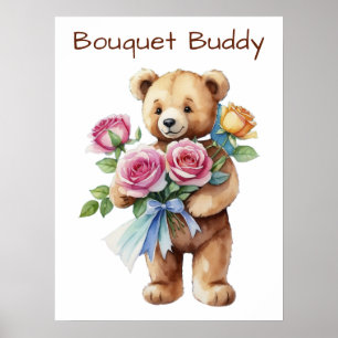Poster de Urso de Pelúcia Fofo com Buquê de Flores