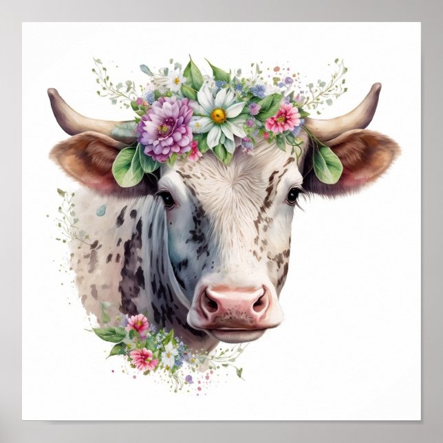 Poster de vaca floral com aquarelas (Frente)