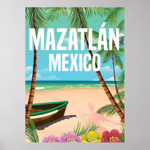 Poster de viagens da praia do vintage de Mazatlán