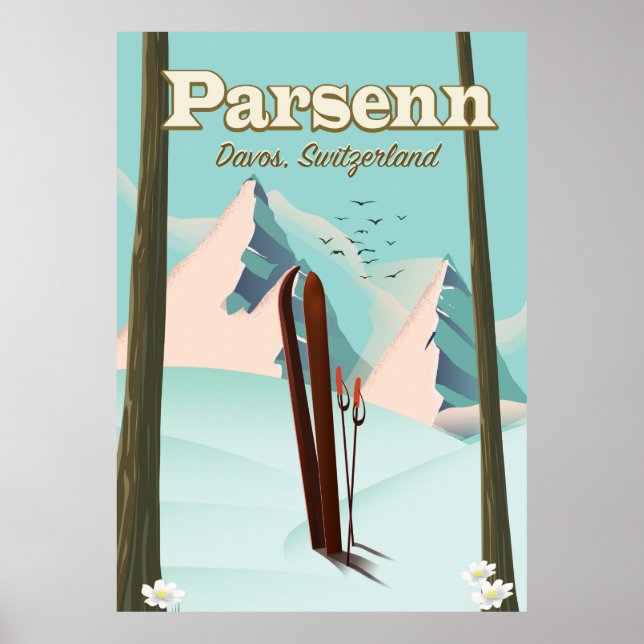 Poster de viagens de esqui da Suiça do Parsenn. (Frente)