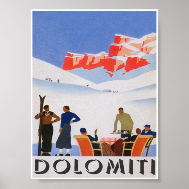Poster de viagens de Esqui Dolomês Vintage (Frente)