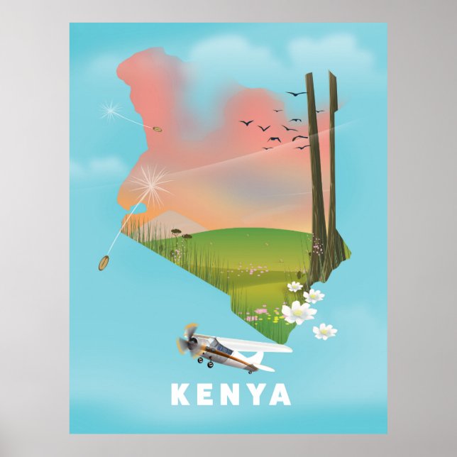 Poster de viagens de Ilustração do Mapa do Quênia. (Frente)