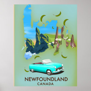 Poster de viagens de mapa do Canadá na Terra Nova