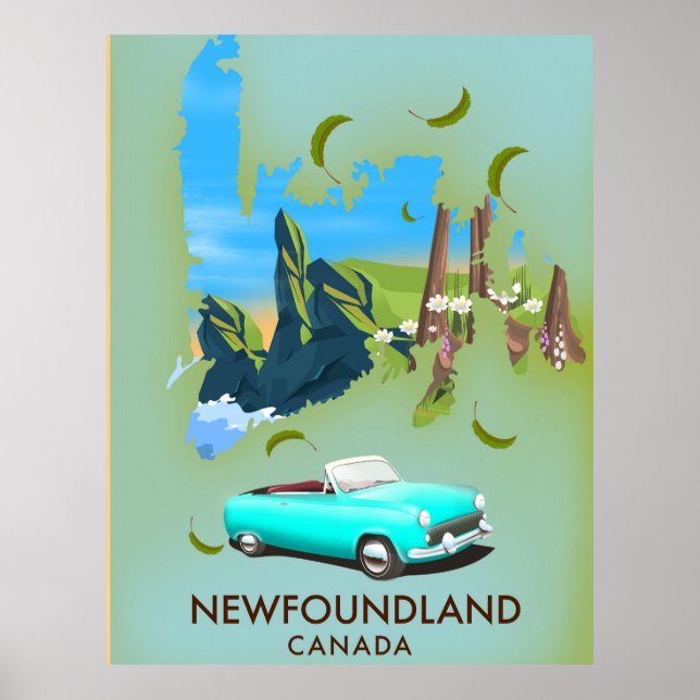 Poster de viagens de mapa do Canadá na Terra Nova (Frente)
