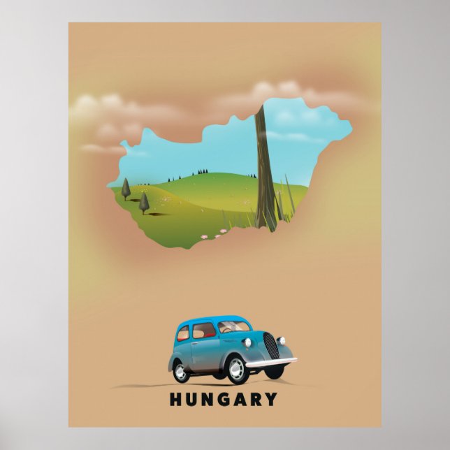 Poster de viagens de mapa ilustrado da Hungria (Frente)