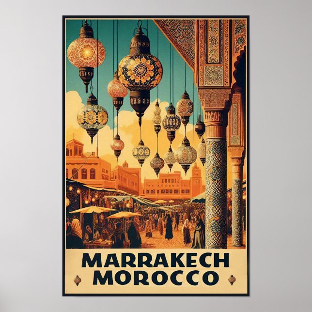 Poster de viagens de Mercado Vintage em Marrocos (Frente)