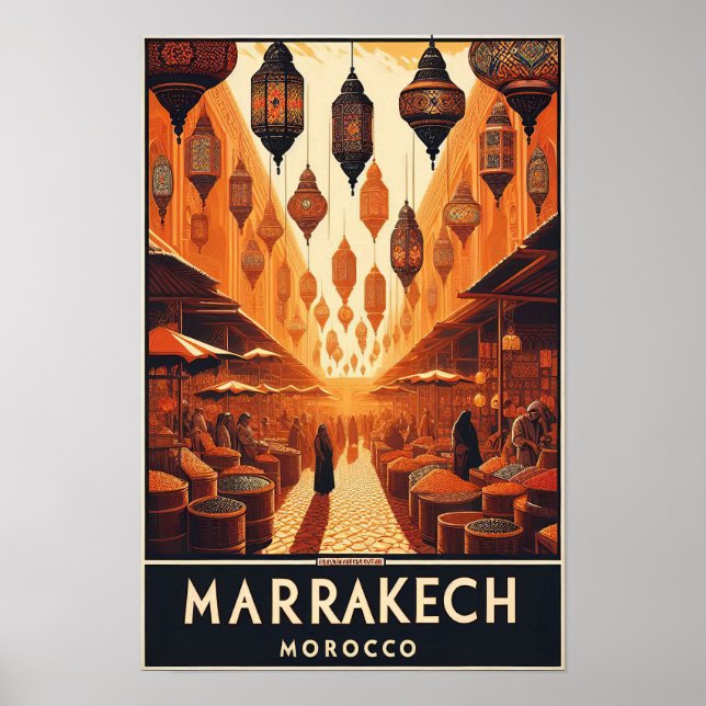 Poster de viagens de Mercado Vintage em Marrocos (Frente)