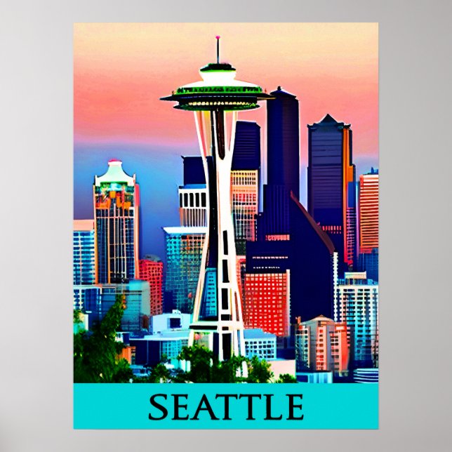Poster de viagens de Seattle sob um Impressão do c (Frente)