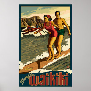 Poster de viagens surfando de Waikiki - de
