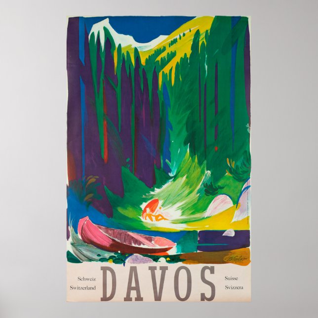 Poster de Viagens vintage de Suiça de Davos (Frente)