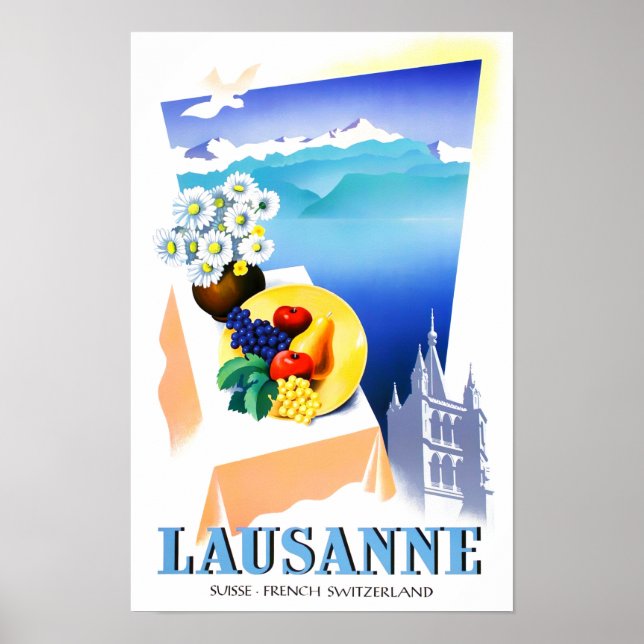 Poster de viagens vintage de Suiça Lausanne (Frente)