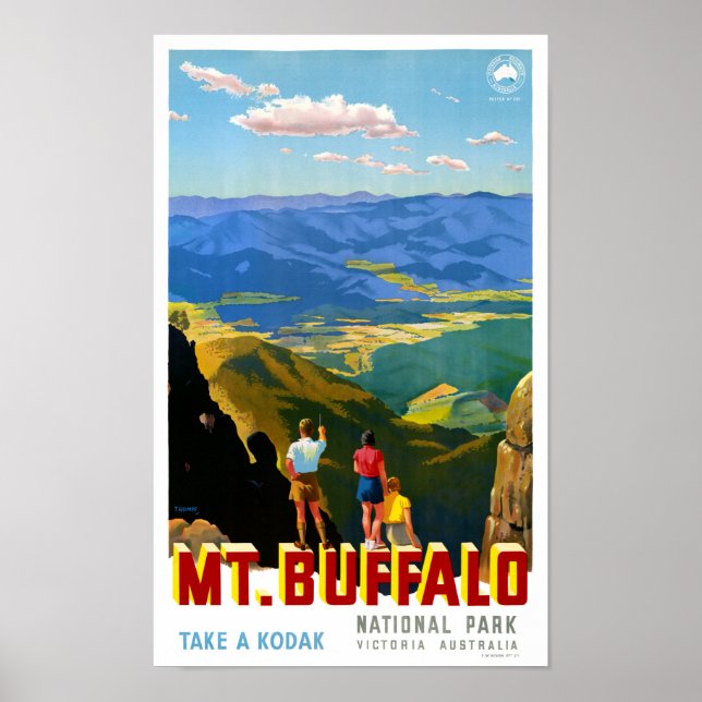 Poster de Viagens vintage do Mt. Buffalo, Austráli (Frente)