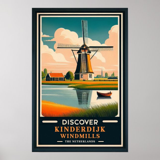 Poster de viagens Vintage Kinderdijk Windmills (Frente)