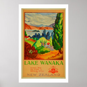 Poster de viagens Vintage Lake Wanaka Nova Zelândi
