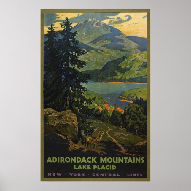 Poster De viagens vintage Para As Montanhas Adiron (Frente)