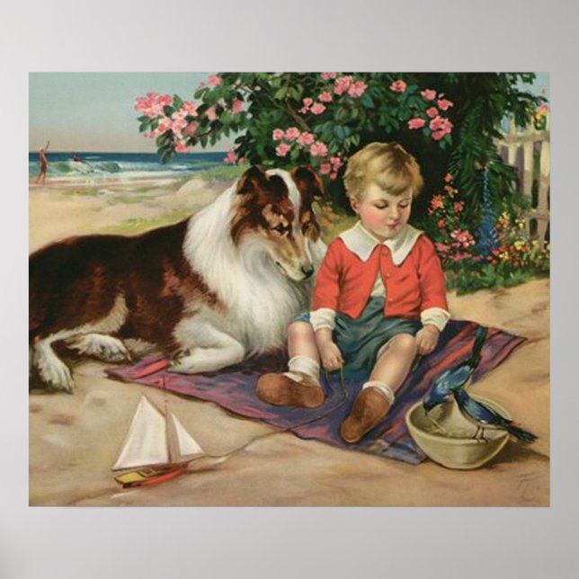 Poster de Vintage Little Boy, Collie e Bluebird (Frente)