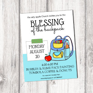 Poster de volta à escola bênção da igreja das mochilas