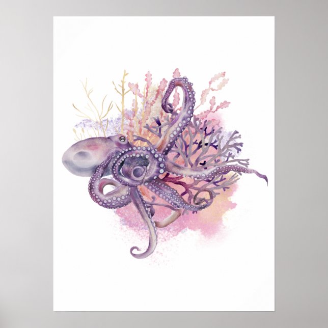 Poster de Wall Art do Octopus com Aquarela Dourada (Frente)