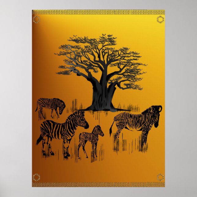 Poster de zebra e árvore de Baobá (Frente)