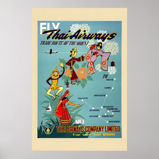 Poster Década de 1950 Veja a Tailândia pela Thai Airways  (Frente)
