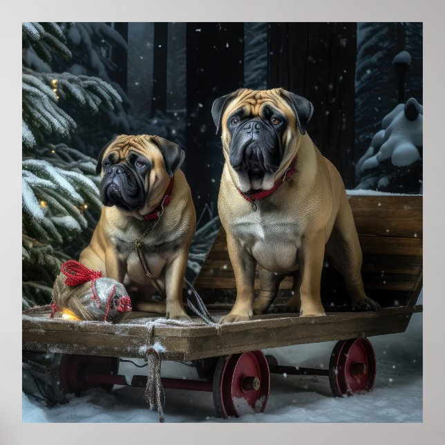 Poster Decado de Natal Bullmastiff Snowy Sleigh (Frente)