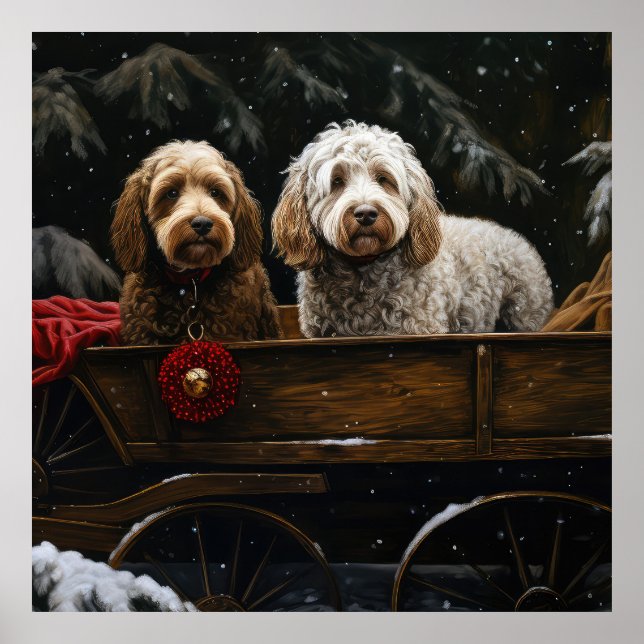 Poster Decado de Natal Cockapoo Snowy Sleigh (Frente)