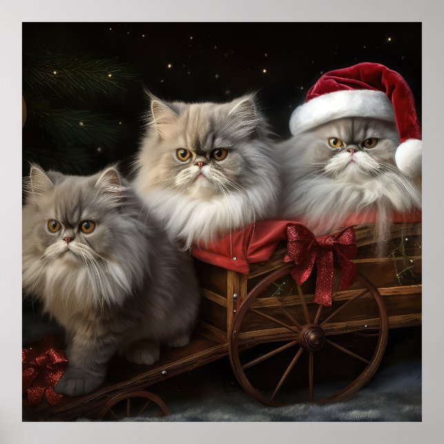 Poster Decado de Natal de Gato Persa Snowy Sleigh (Frente)