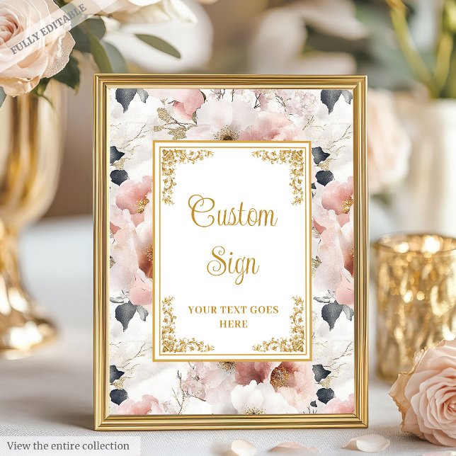Poster Décie blush flores e dourado sinal personalizado d (Dainty blush flowers and gold wedding custom sign)