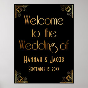Poster Deco de Arte Dourada Negra Bem-vindo ao Casamento