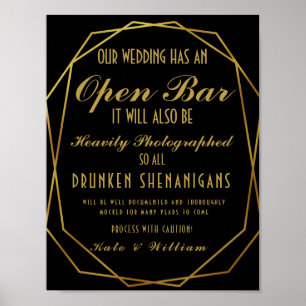 Poster Deco de arte elegante, Bar aberto Dourado e preto