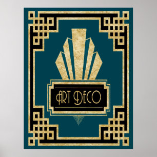 Poster Deco de Arte Icônica - Preto Teal e Dourado