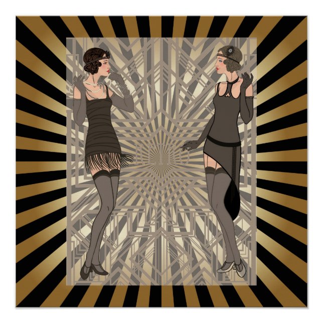 Póster Deco de arte,padrão,listras,ouro,preto,vintage,chi (Frente)