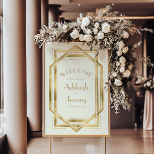 Poster Deco de Ivory Dourado Casamento Bem-vindo Vintage 