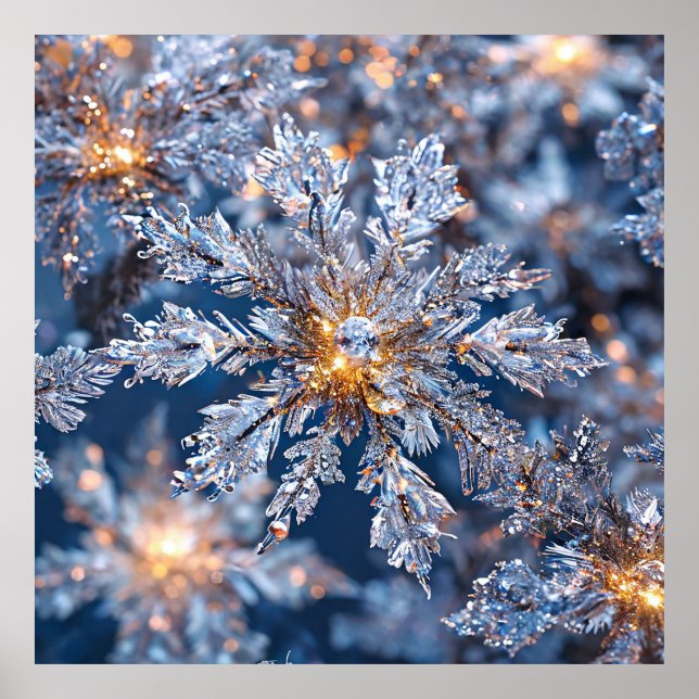 Poster Decoração Azul e Dourada dos Flocos de Neve (Frente)