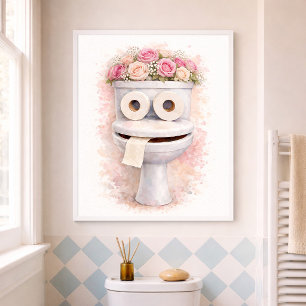 Poster Decoração Caprichosa Banheiro Rosa Floral Toilet