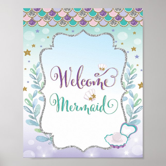 Poster Decoração de Aniversário da Sereia Bem-vinda Baby  (Frente)