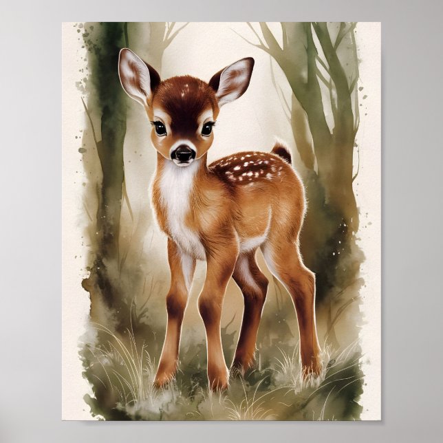 Poster Decoração de Berçário Adorável de Cervo Bebê em Aq (Frente)