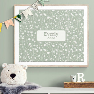 Poster Decoração de Berçário com Nome Personalizado Flora