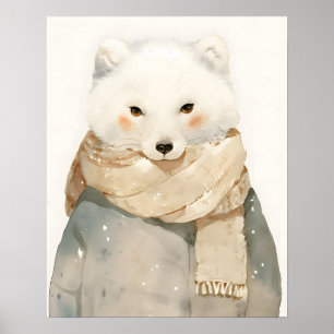 Poster Decoração de Berçário com Raposa Ártica em Aquarel