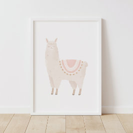 Poster Decoração de Berçário de Menina Lhama Rosa Neutra