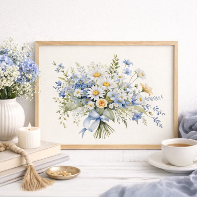 Poster Decoração de Casa com Buquê de Margaridas Silvestr (Blue wildflowers and daisies wall art )