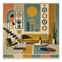 Póster Decoração de Interiores de Meados do Século Sala d
