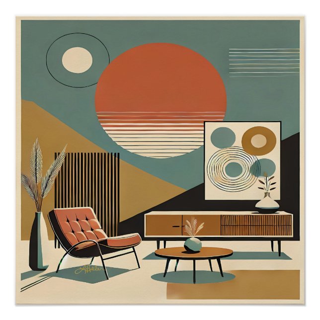 Póster Decoração de Interiores do Meio do Século Sala de  (Frente)