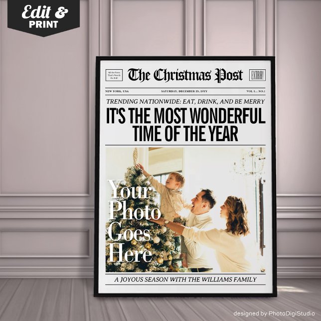 Poster Decoração de jornal de Natal personalizada, Natal  (Custom Christmas Newspaper Decor, Family Christmas Poster, The Most Wonderful Time Of The Year)