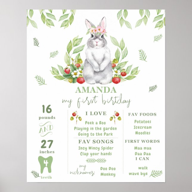Poster Decoração de Milestone de 1º Aniversário de Menina (Frente)