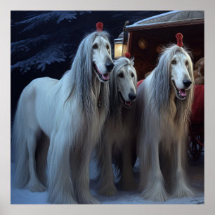 Poster Decoração de Natal Afghan Hound Neve Passeio de Tr