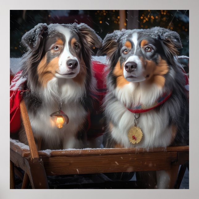 Poster Decoração de Natal com Australian Shepherd Snowy S (Frente)