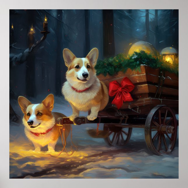 Poster Decoração de Natal Corgi Snowy Sleigh  (Frente)