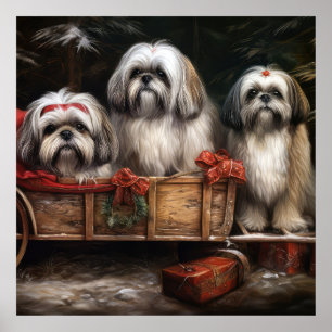 Poster Decoração de Natal de Lhasa Apso Snowy Sleigh