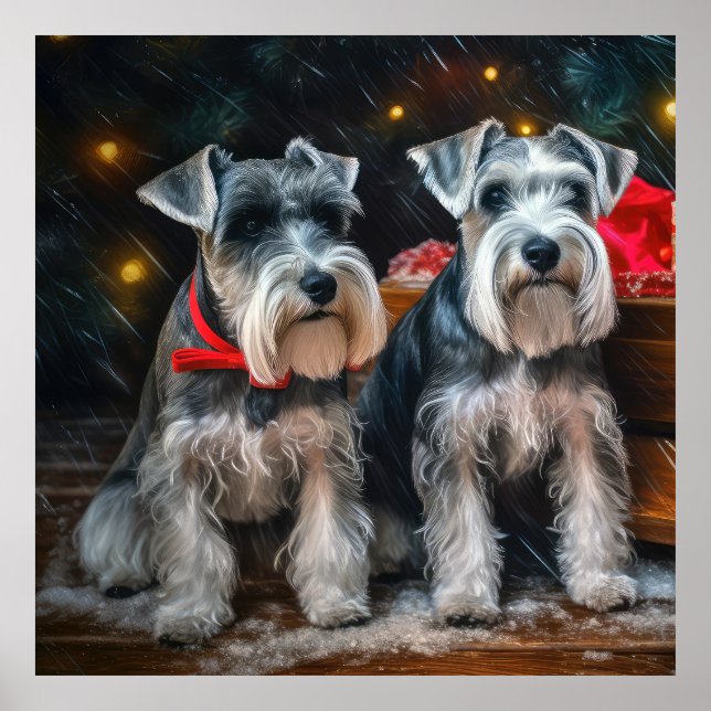 Poster Decoração de Natal de Schnauzer Snowy Sleigh (Frente)
